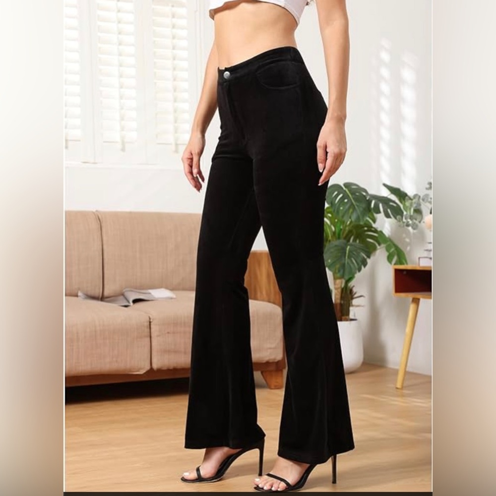 Women's High-Waisted Velvet Flare Pants Vintage Solid Bell Bottom with pocket